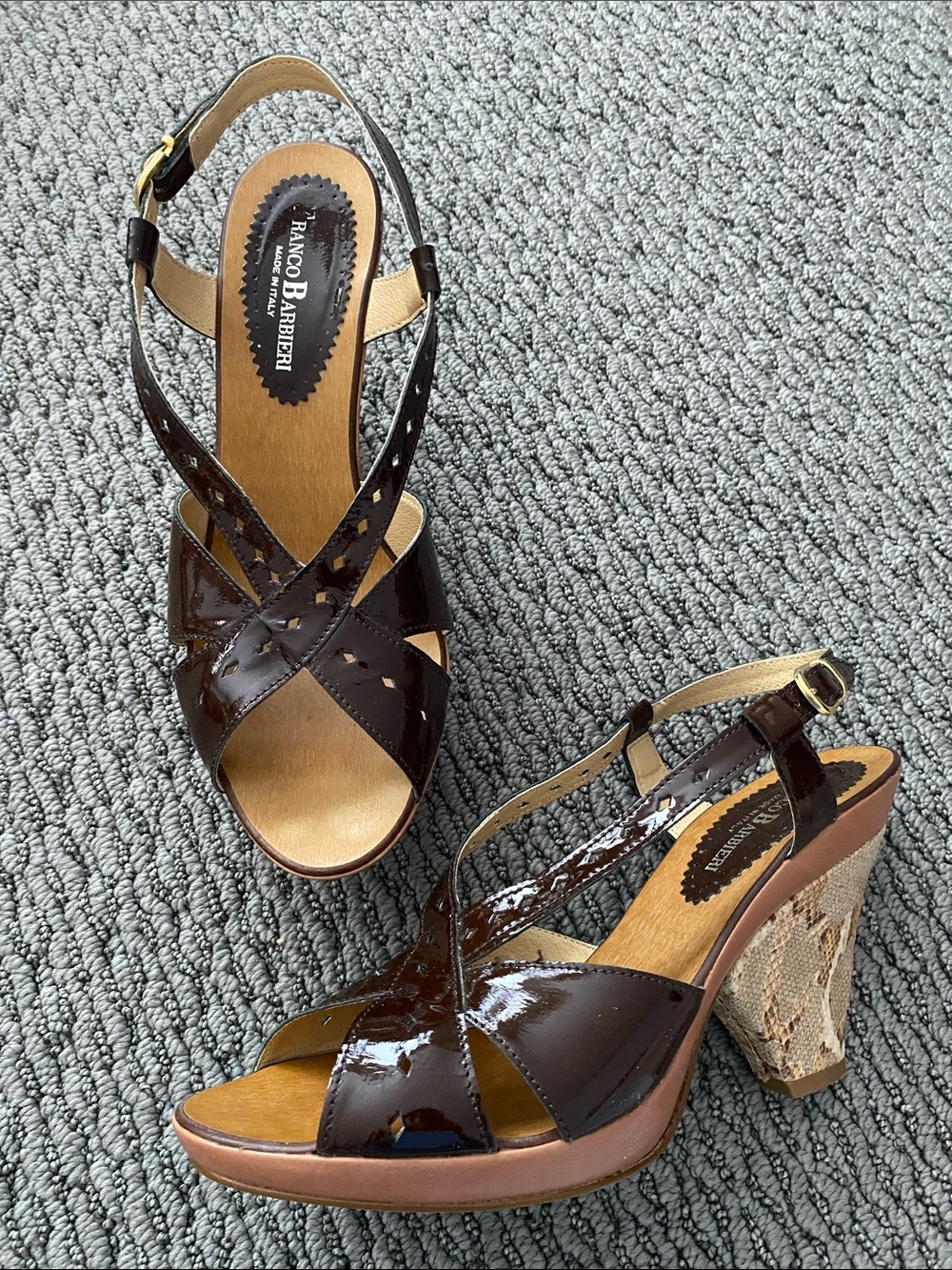 Franco Barbieri Brown Patent Leather Slingback Heels with Braided Block Heel